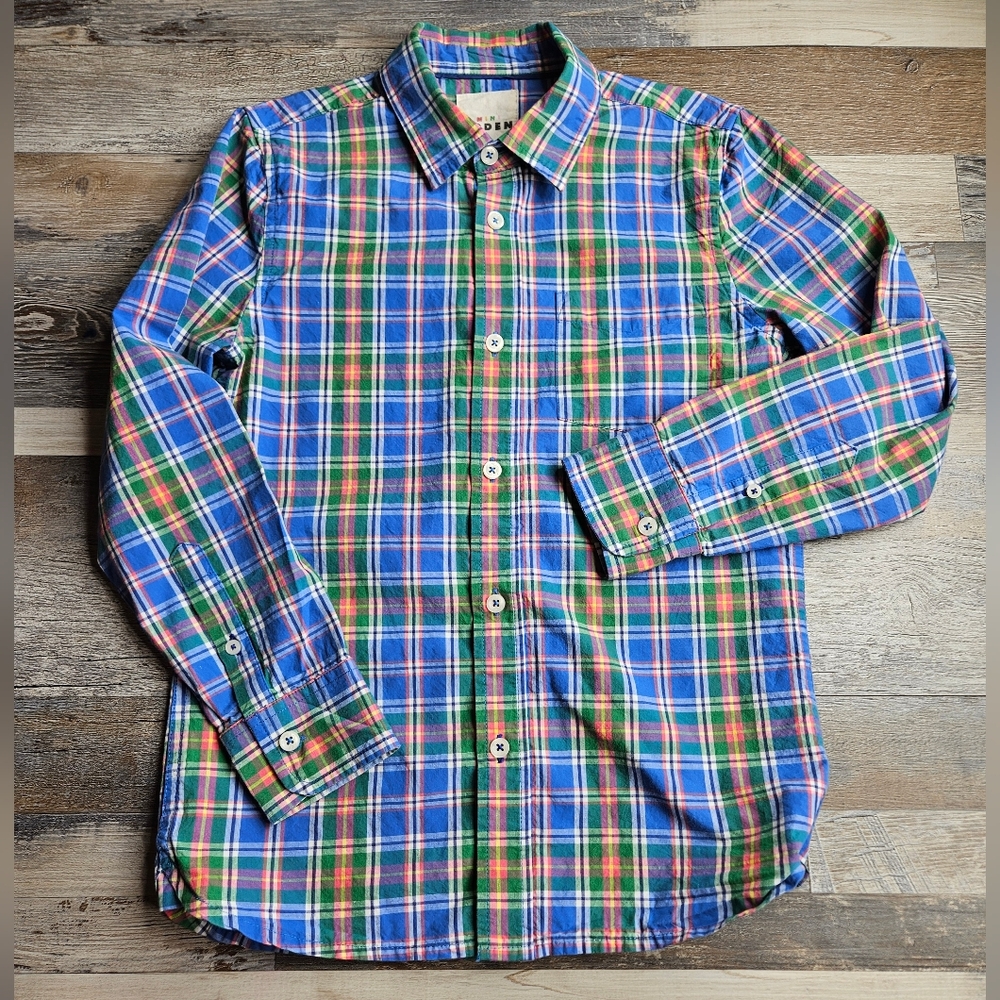Mini Boden Boys Button Down Shirt Size 9-10Y Blue Orange Plaid